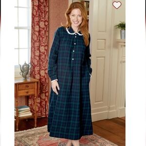 Lanz Of Salzburg Navy Green Tartan Plaid Flannel Cotton Lace Nightgown Size M